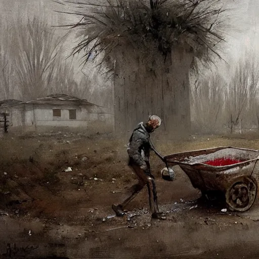 Image similar to painting by jakub rozalski of a person walking with a wheelbarrow in an abandoned post soviet town infested with root monsters