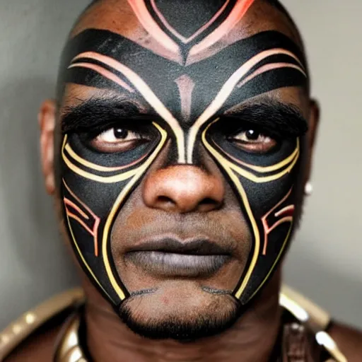 Image similar to dark - skinned tribal warrior with tribal face tattoo, cybernetic enhanced eyes, close up