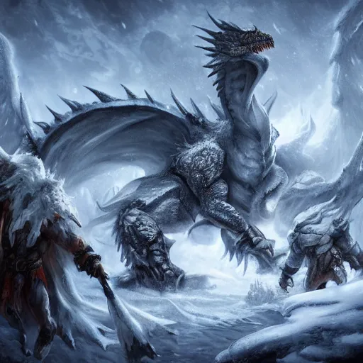 Prompt: a group of heros in a snowy landscape next to a huge terrifying white dragon, fantasy concept art, intricate detail