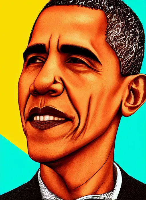 Image similar to closeup portrait of barack obama, an ultrafine detailed illustration by james jean, intricate linework, bright colors, final fantasy, behance contest winner, vanitas, angular, altermodern, unreal engine 5 highly rendered, global illumination, radiant light, detailed and intricate environment