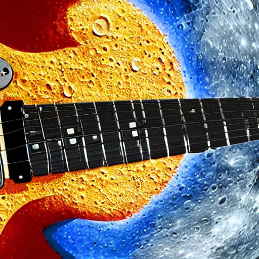 Prompt: a closeup of the headstock of an electric guitar and a beer can laying on the surface of the moon. detailed