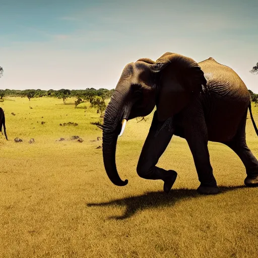 Image similar to film still, extreme wide shot of an tribal african man riding an elephant alone on the savannah, extreme long shot, 4 k, award winning