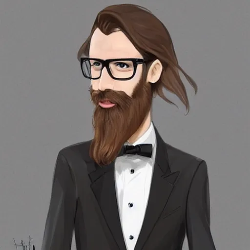 Prompt: a german guy with very long brownish! hair, with glasses and stubble! beard on a tuxedo holding a rubber duck!, trade offer meme, digital painting, concept art, matte, art by artgerm