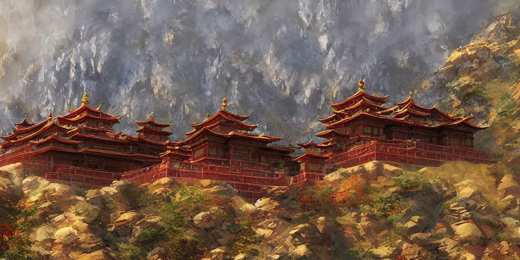 Image similar to Dzogchen Mountain Temple, by Craig Mullins and Marc Simonetti and Hiroshi Yoshida