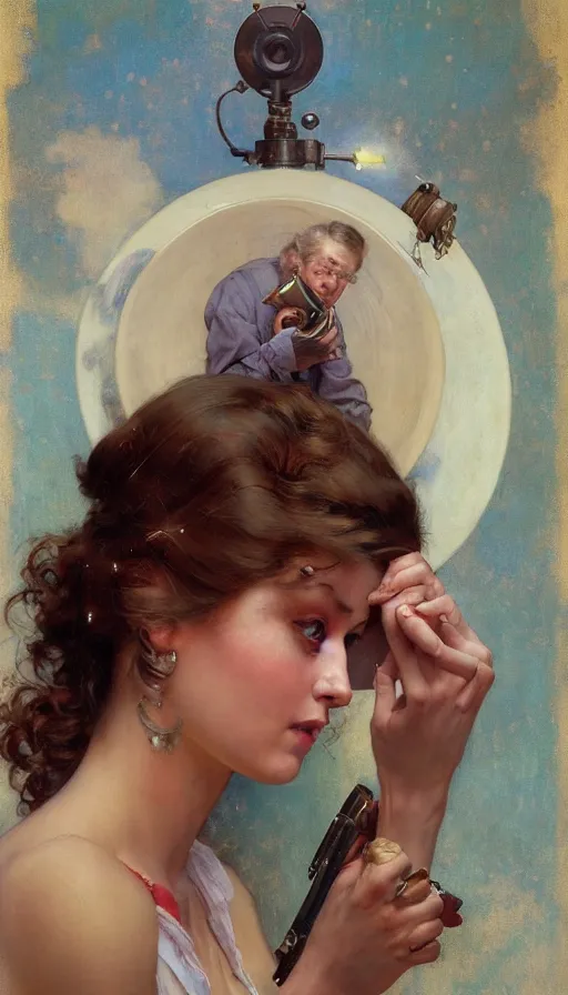 Image similar to hyper realistic photographer looking through camera, magical, painted by james gurney, norman rockwell, tom bagshaw, mucha, gaston bussiere, craig mullins, j. c. leyendecker 8 k