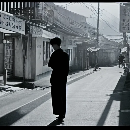 Image similar to 1950s Korean thriller film noir, a view of Shin Sang-ok in the middle of an empty scene, 35mm film, Cooke Varotal 20-100 T3.1