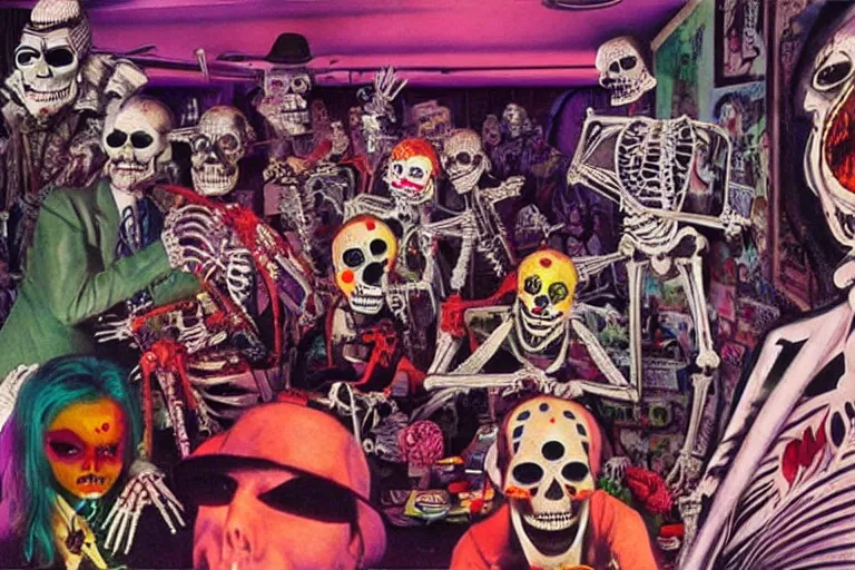 Image similar to scene from fear and loathing in las vegas, day of the dead, cyber skeleton, neon painting by otto dix