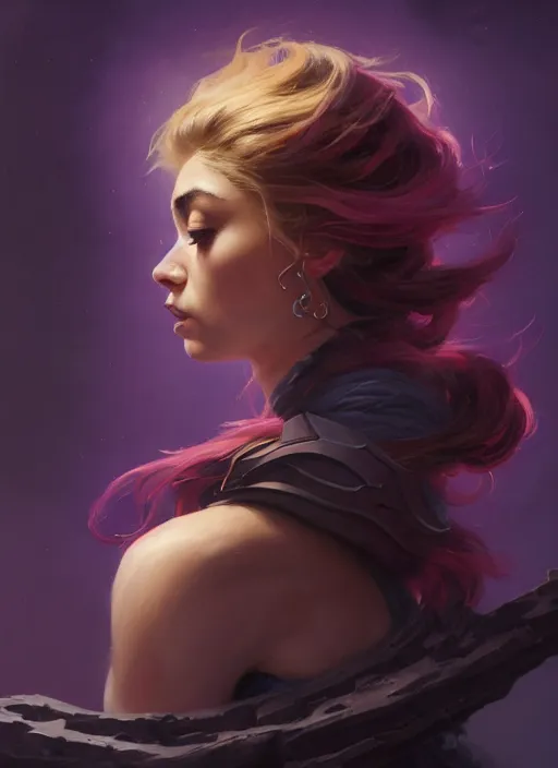 Image similar to side portrait, imogen poots, paladin, fantasy, gloomhaven, luminescent, organic painting, matte painting, bold shapes, hard edges, gaudy colors, by greg manchess, huang guangjian, gil elvgren, greg rutkowski, jesper ejsing, magali villeneuve, jeremy lipkin, michael garmash, artgerm