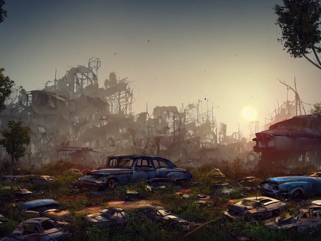 Prompt: beautiful house made from junkyard scrap parts, in an abandoned car lot overgrown, junk architectural, futuresynth, chillwave, scrapyard architecture, blender, sunrise, (((mist))), ruined city in the background, trending on artstation, by gal barkin