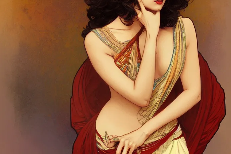 Image similar to sensual pale beautiful indian doctor in jeans, art deco portrait, elegant, intricate, digital painting, artstation, concept art, smooth, sharp focus, illustration, art by artgerm and greg rutkowski and alphonse mucha