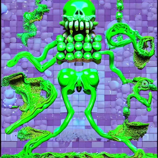 Image similar to slime lord king of the slime universe, skeleton, full body included, wide shot, 1 4 mm lens, f 2. 8, goopy, goop, fluids, soft tissue, subsurface scattering, reflections, ambient occlusion, raytracing, unreal engine 5, pixel art 8 - bit, by beeple