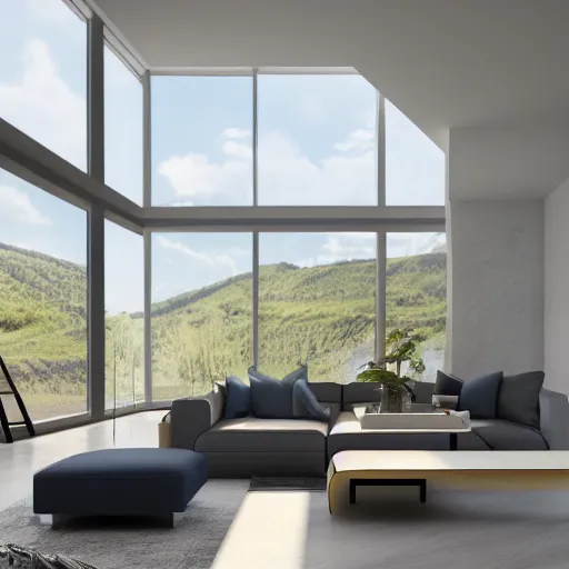 Image similar to modern open living room with big windows showing an amazing landscape on the background, organic architecture, interior design, minimalist furniture, octane render, high detail, 8 k, post production