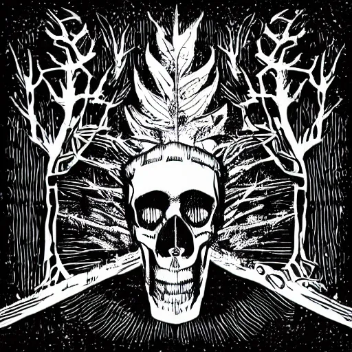 Image similar to dark death metal themed vector illustration for a record label, trees. forest, spikes, skull, microphone, skull, award winning, grunge, iconic, golden ratio