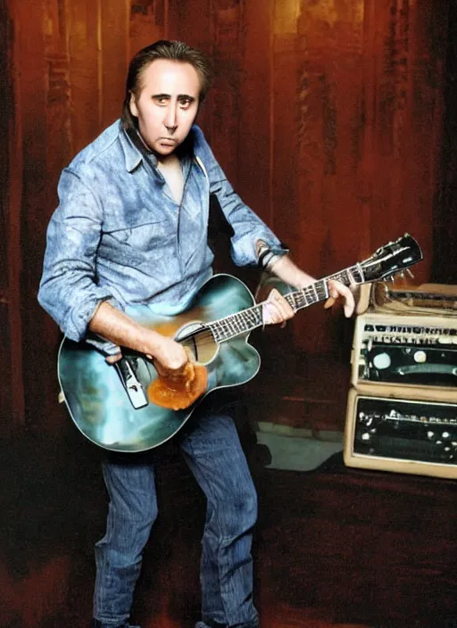 Image similar to nicolas cage, playing guitar while standing on a table