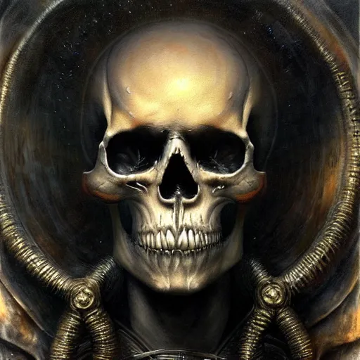 Prompt: fiery skull contemplating life, gracked, detailed, painted by raymond swanland, ((giger))