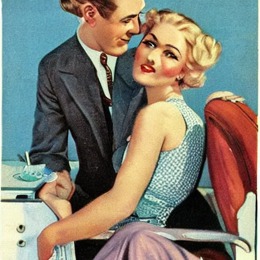 Prompt: “stunning, highly detailed portrait, very detailed, couple, tin can, blonde, color vintage magazine illustration 1950”