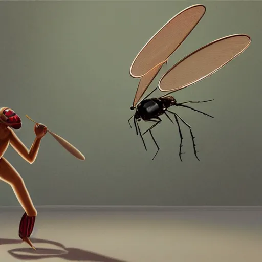 Image similar to hyperrealism perspective of a housefly getting swatted at from a man with a fly swatter