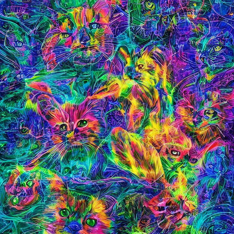 Image similar to smooth detailed art of Rainbow kittens in space, psychedelic DMT art, well lit, digital art, expressive beautiful, award winning, high quality, key visual, 4k hd, sharp, backlit, gorgeous lighting, painted by Pablo Amaringo