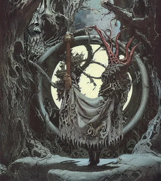 Image similar to a druid standing in a circle at the beginning of the world by alan lee and peter mohrbacher and frank frazetta and mike mignola