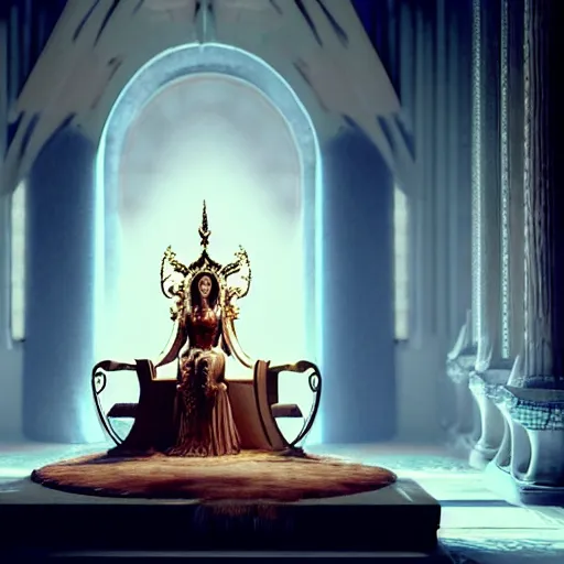 Prompt: cinematic scene with elisha cuthbert in a throne room dressed as the goddess of war, dramatic, small details, volumetric lighting