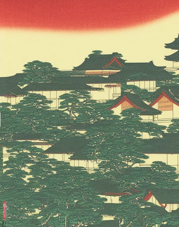 Image similar to a building in a stunning landscape japanese woodblock print by Hasui Kawase