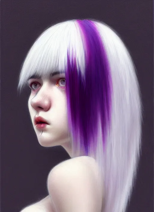 Image similar to hair whitebangs hair, black hair, whitebangs, portrait of teenage girl with white bangs, red irises, purple clothes, white bangs, bangs are different color from hair, intricate, elegant, glowing lights, highly detailed, digital painting, artstation, concept art, smooth, sharp focus, illustration, art by wlop, mars ravelo and greg rutkowski