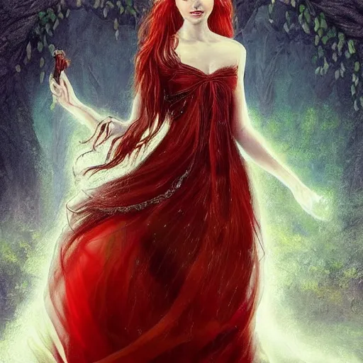 Image similar to Fantastic, fairytale, portrait, painting, beautiful!, female mage!, long flowing red hair, light emitting from fingertips, ornate gown, smoldering, serious, royalty kingdom, royal court, hyperreal, photoreal