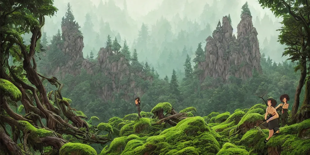 Image similar to a 2 d forest background in transylvania, rocks, dead trees, castle in the background, moss, in the style of studio ghibli, j. c. leyendecker, greg rutkowski, artgerm