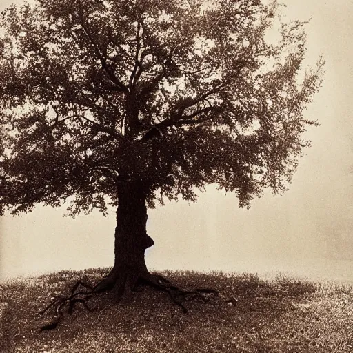 Prompt: oak tree engulfed in flames by Diane Arbus and Louis Daguerre. highly detailed. 85mm, Bokeh