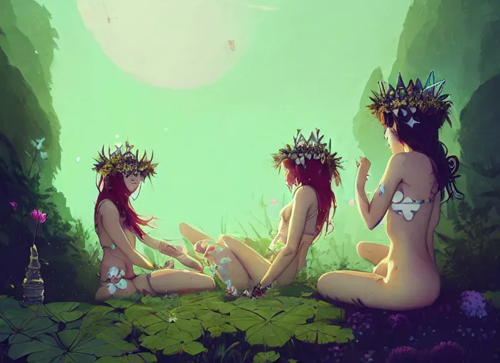 Image similar to two cute fairy girls with crown of flowers in plants bikini covered with celtic rune tattoos, fantasy, by atey ghailan, by greg rutkowski, by greg tocchini, by james gilleard, by joe gb fenton, by in kaethe butcher, dynamic lighting, gradient light green, brown, blonde cream and white color in scheme, grunge aesthetic