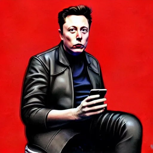 Image similar to hyperrealism aesthetic ridley scott and denis villeneuve style photography of a detailed hyperrealism elon musk, siting on a detailed hyperrealism toilet and scrolling his detailed smartphone in hyperrealism scene from detailed art house movie in style of alejandro jodorowsky and wes anderson volumetric ambient light