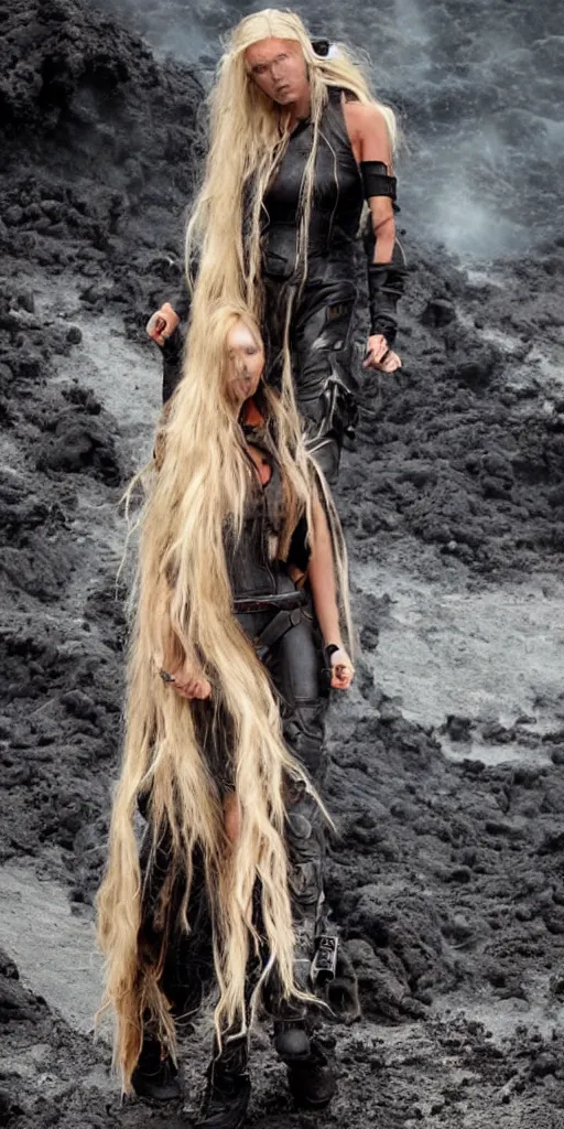Prompt: volcano eruption post apocalyptic scene with a long haired flowing blonde cyber girl futuristic rick owens bladerunner stormy weather