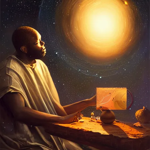 Image similar to an african psychic reading his crystal ball under a meteor shower, greg rutkowski and android jones and amanda sage, oil on canvas, 8k