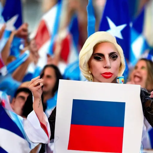 Image similar to Lady Gaga as president, Argentina presidential rally, Argentine flags behind, bokeh, giving a speech, detailed face, Argentina