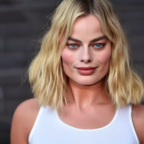 Image similar to Margot Robbie wearing a short and a t-shirt, ultra realistic, 8K resolution, detailed,