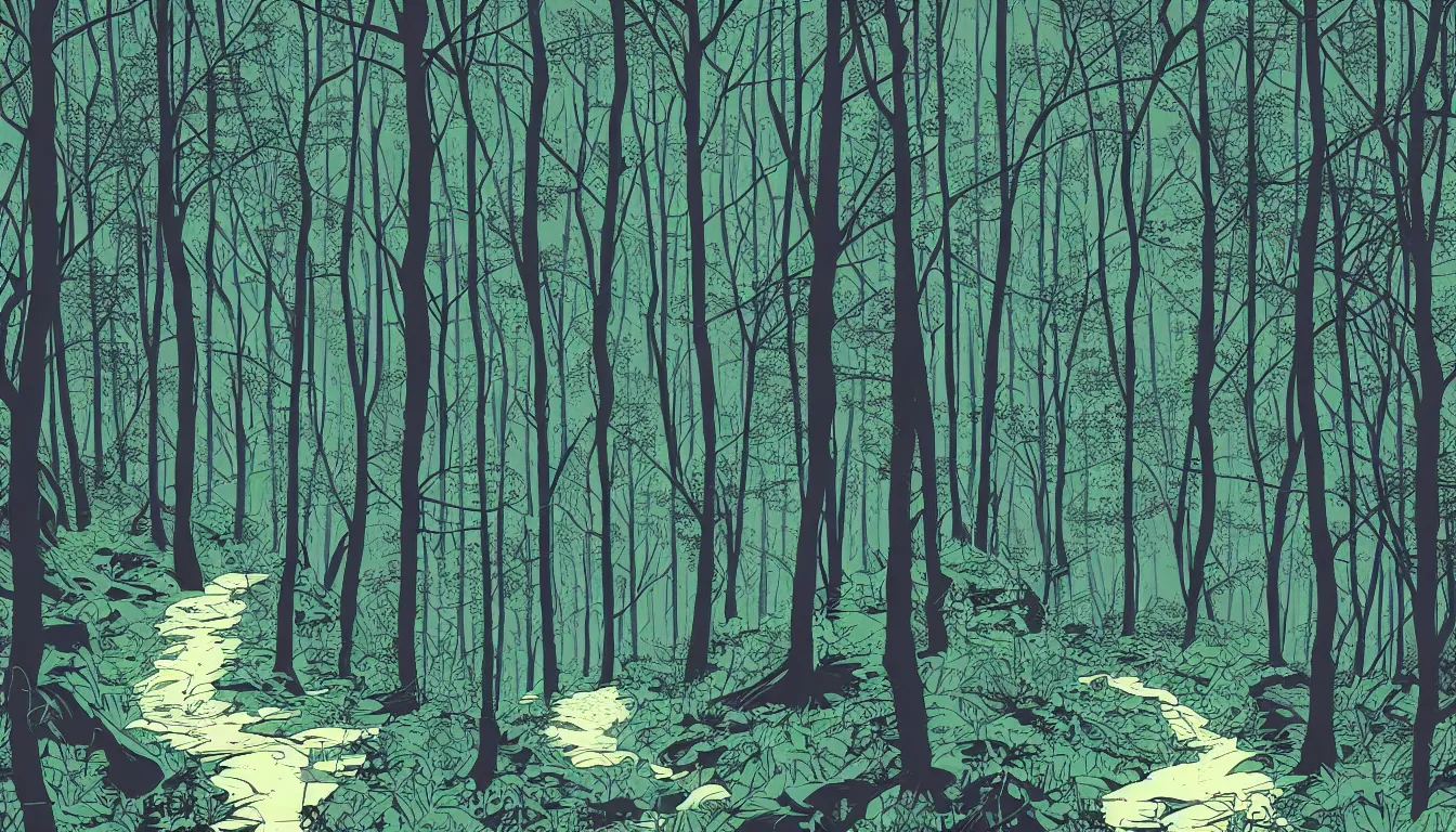 Prompt: hiking path through the woods by Kilian Eng, minimalist, detailed