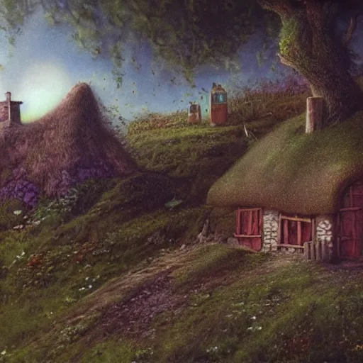 Prompt: beautiful matte painting of a cottage on a hill whimsical by brian froud