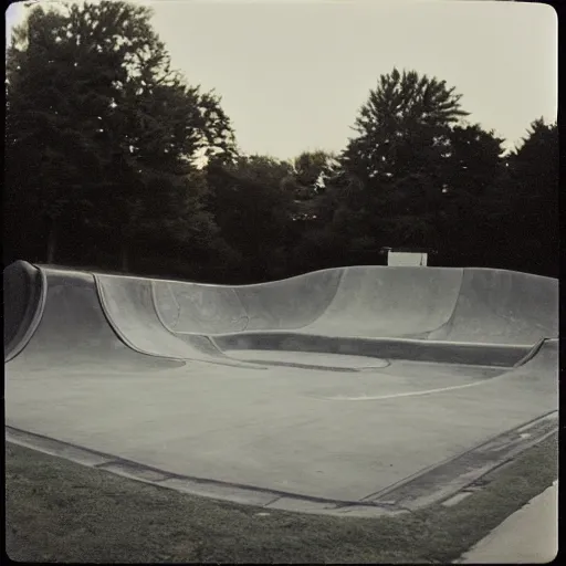 Image similar to a 1 9 9 0's photograph of a skatepark in a small town at dusk, polaroid, candid photography