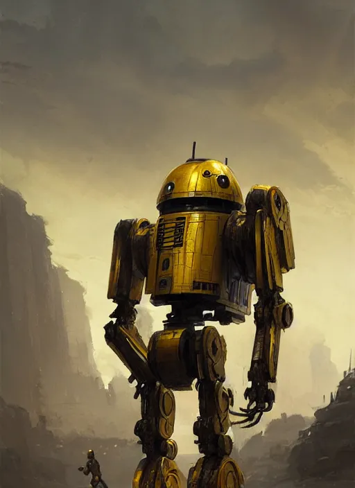 Prompt: human-sized strong intricate yellow pit droid carrying very detailed perfect antique great sword and beautiful large paladin shield, pancake short large head, exposed metal bones, painterly humanoid mecha, slightly far away, by Greg Rutkowski