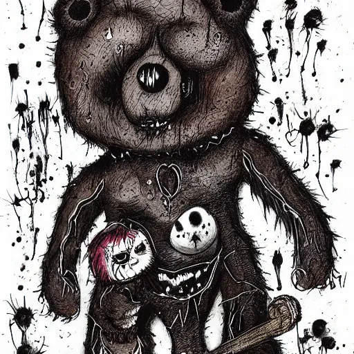 Image similar to dark art cartoon grunge drawing of a teddy bear playing with toys with bloody eyes by tim burton - loony toons style, horror theme, detailed, elegant, intricate, trending on art station