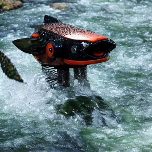 Prompt: salmon robot cyborg on a mission upstream.