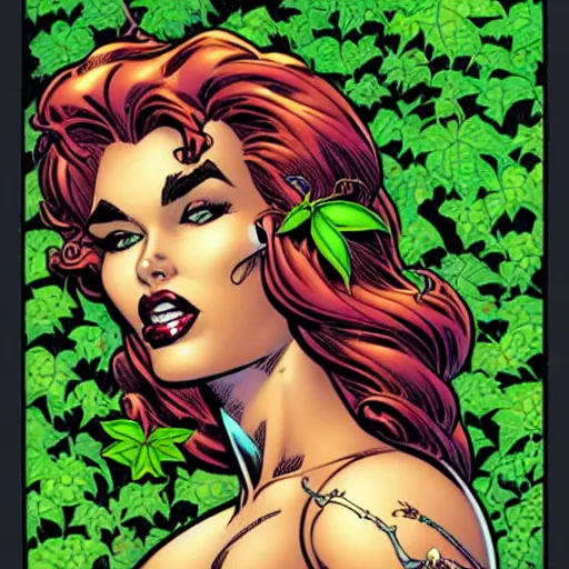 Image similar to Poison Ivy, comic portrait by J Scott Campbell, intricate details, vintage comic book cover scan