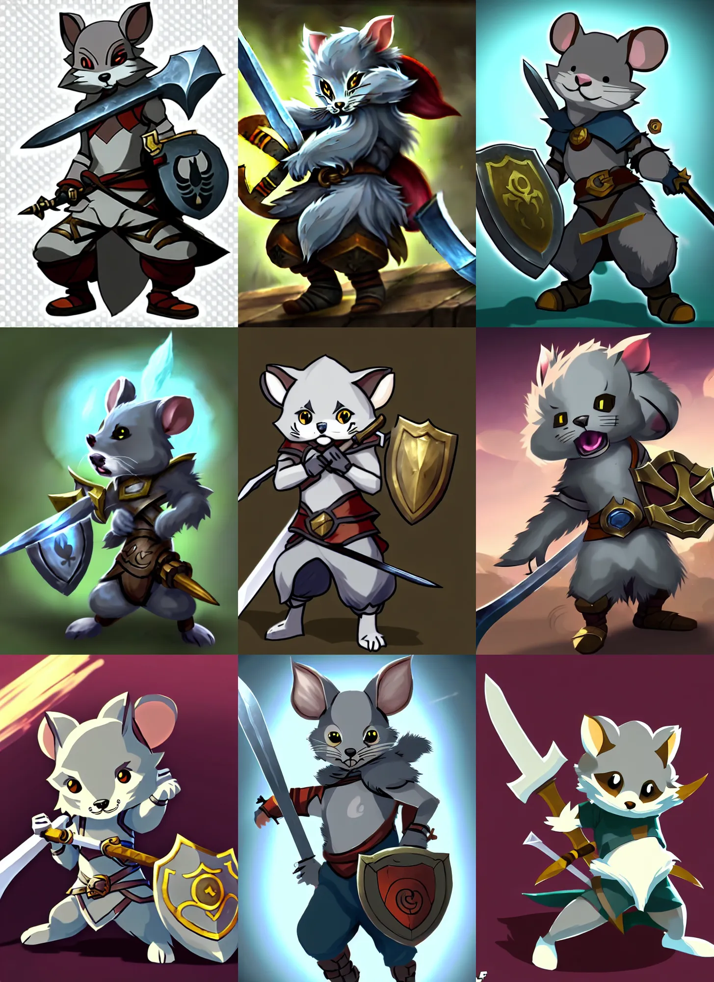 Prompt: a cute gray mouse guard boy furry with a sword and shield, league of legends splash art