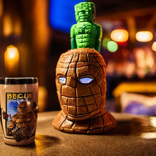 Image similar to a closeup photorealistic photograph of ben grimm's face on a tiki mug at trader vic's beach bar. fantastic four. tiki culture. bright scene. fine detail. this 4 k hd image is trending on artstation, featured on behance, well - rendered, extra crisp, features intricate detail, epic composition and the style of unreal engine.