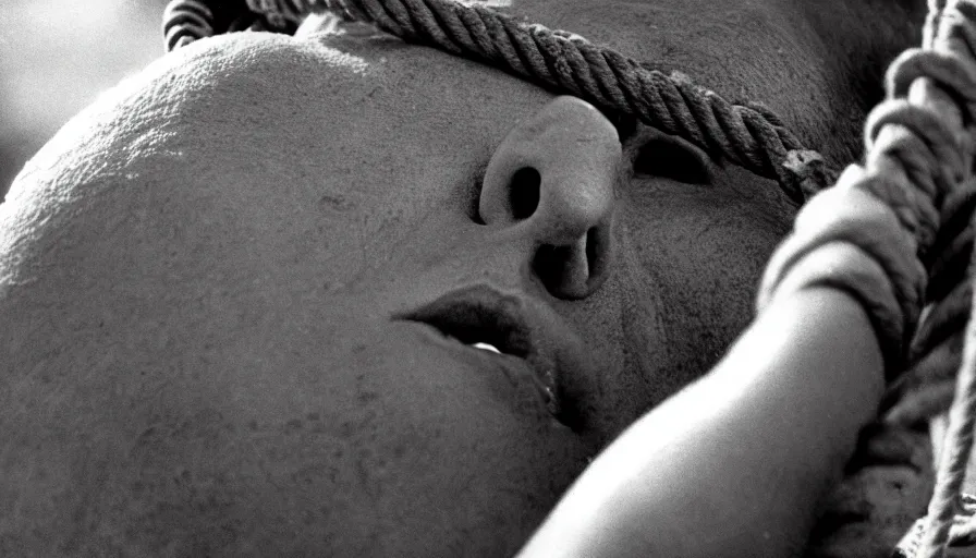 Prompt: 1 9 7 0 s movie still close - up of marcus atilius regulus'face tied with ropes at a pole with forced - open bleeding eyes looking at the burning sun, cinestill 8 0 0 t 3 5 mm b & w, high quality, heavy grain, high detail, texture, dramatic light, anamorphic, hyperrealistic, detailed hair