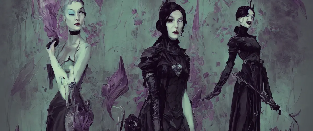 Image similar to duotone black and dark lilac dark olive green background comic noir illustration portrait of iris von everec in dark gothic funeral clothes by sachin teng and sergey kolesov and ruan jia and heng z. graffiti art, scifi, fantasy, hyper detailed. octane render. concept art. trending on artstation