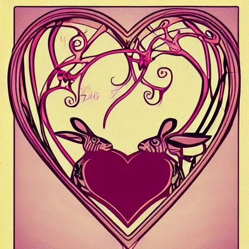 Prompt: artnouveau heart made of scary rabbits