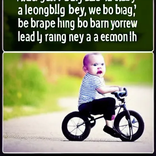 Image similar to Imagine being a baby, not even having learned how to walk yet, and someone tells you that someday you'll have to learn how to ride a bike. It would seem daunting and impossible. Yet, with each new step in the growth process, eventually, riding a bike becomes second nature. Where you are now is not where you will be in a few months or a few years. You can't look at your future goals without taking into consideration your future growth as well. You did so much with so little in the past. Just imagine what you'll do from an elevated state of alignment