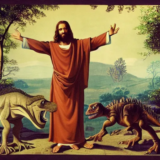 Image similar to Jesus Christ preaching to the dinosaurs