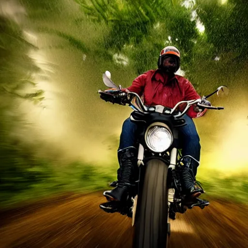 Image similar to a potato riding a motorcycle through the jungle, low angle with rain and lightning, dramatic scene from a movie